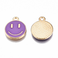 Medium Violet Red Alloy Enamel Charms, Cadmium Free & Lead Free, Smiling Face, Light Gold, Medium Violet Red, 14.5x12x1.5mm, Hole: 1.5mm