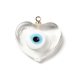Clear Handmade Lampwork Pendants, with Real 18K Gold Plated Plated Brass Finding, Cadmium Free & Lead Free, Heart with Evil Eye, Clear, 19.5x18.2x5mm, Hole: 1.4mm