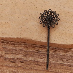 Antique Bronze Iron Hair Bobby Pin Findings, with Brass Filigree Flower Cabochon Bezel Settings, Antique Bronze, Flower: 20mm