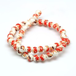 Rouge Orange Porcelaine fleur à la main imprimé perles en céramique brins, ronde, rouge-orange, 8mm, Trou: 2mm, Environ 42 pcs/chapelet, 13 pouce