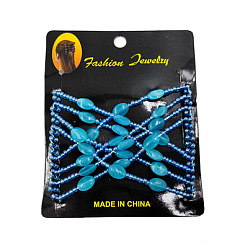 Sky Blue Steel Hair Bun Maker, Stretch Double Hair Comb, with Glass & Acrylic Beads, Sky Blue, 75x85mm