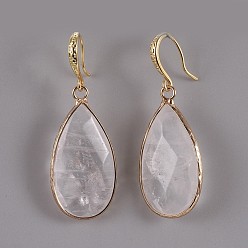 Quartz Crystal Teardrop Natural Quartz Crystal Dangle Earrings, with Brass Earring Hooks, Packing Box, Real 18K Gold Plated, 45.5~46mm, Pin: 0.7mm