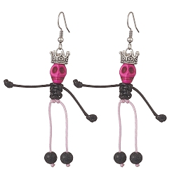 Deep Pink Synthetic Turquoise & Natural Lava Rock Braided Skeleton Dangle Earrings, 316 Surgical Stainless Steel Long Drop Earrings for Halloween, Deep Pink, 79mm, Pin: 0.8mm