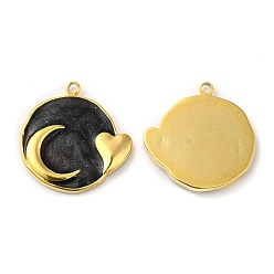 Black Real 18K Gold Plated 304 Stainless Steel Pendants, with Enamel, Flat Round with Moon & Heart Charm, Black, 17.5x17x2mm, Hole: 1.4mm