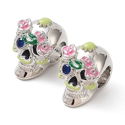 Platinum Rack Plating Brass European Beads, with Cubic Zirconia & Enamel, Large Hole Beads, Lead Free & Cadmium Free, Long-Lasting Plated, Sugar Skull for Mexico Day of the Dead, Platinum, 12x9x10mm, Hole: 4mm