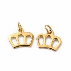 Real 14K Gold Plated Ion Plating(IP) 304 Stainless Steel Pendants, with Jump Ring, Crown, Real 14K Gold Plated, 8.5x10x1.5mm, Hole: 2mm