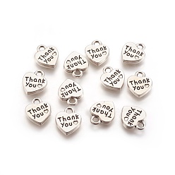 Antique Silver Tibetan Style Alloy Charms, Heart with Thank You, Cadmium Free & Lead Free, Antique Silver, 12x10x2mm, Hole: 2mm