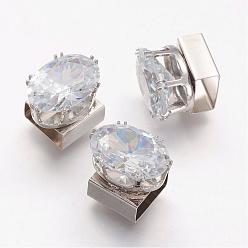 Platinum Brass Slide Charms, with Micro Pave Cubic Zirconia, Oval, Platinum, 15x10.5x12.5mm, Hole: 4.5x10mm