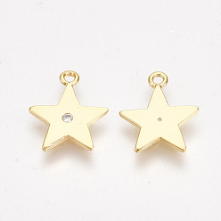 Real 18K Gold Plated Brass Charms, with Cubic Zirconia, Star, Clear, Nickel Free, Real 18K Gold Plated, 12.5x10.5x1mm, Hole: 1.2mm