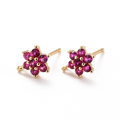 Cerise Brass Micro Pave Cubic Zirconia Stud Earrings Findings, Cadmium Free & Lead Free, Flower with Loop, Real 18K Gold Plated, Cerise, 9.5x6.5x3mm, Hole: 0.8mm, Pin: 0.9mm