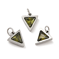 Olive Drab 304 Stainless Steel Pendants, with Cubic Zirconia and Jump Rings, Single Stone Charms, Triangle, Stainless Steel Color, Olive Drab, 11x9.5x3mm, Hole: 3.6mm