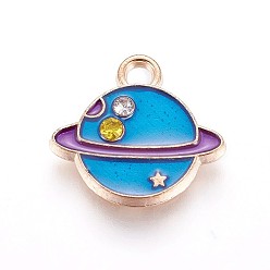 Dodger Blue Zinc Alloy Pendants, with Enamel and Rhinestone, Planet, Universe Space Charms, Light Gold, Dodger Blue, 13x14x2mm, Hole: 1.2mm