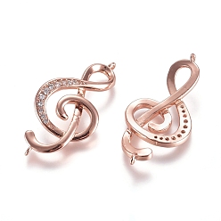 Rose Gold Brass Micro Pave Cubic Zirconia Links connectors, Treble Clef, Clear, Rose Gold, 32x16x3mm, Hole: 1.2mm