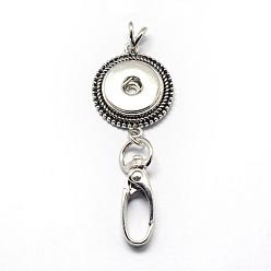 Antique Silver Alloy Snap Pendant Making, with Swivel Clasps, Card Holders, for Snap Buttons, Flat Round, Antique Silver, 36x27x5mm, Hole: 5x5.5mm, Fit Snap Button: 5~6mm Knob