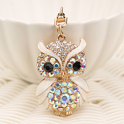 White KC Gold Tone Plated Alloy Keychains, with Rhinestone and Enamel, Owl, White, 12.2x3.6cm