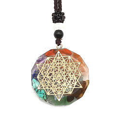 Golden Chakra Yoga Theme Mixed Gemstone with Polygon Resin Pendant Necklace with Polyester Cord for Women, Golden, 25.59 inch(65cm)