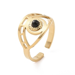 Golden 304 Stainless Steel Evil Eye Hollow Out Open Finger Ring, Black Stone Wide Band Cuff Ring for Women, Golden, 2.3~12mm, Inner Diameter: US Size 7 1/4(17.5mm)