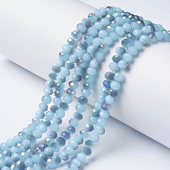 Light Sky Blue Electroplate Glass Beads Strands, Imitation Jade, Half Purple Plated, Faceted, Rondelle, Light Sky Blue, 4x3mm, Hole: 0.4mm, about 130pcs/strand, 16.54 inch(42cm)