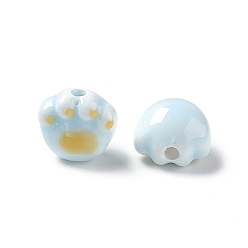 Светло-Голубой Ручной печатный шарики фарфора, отпечатки кошачьих лап, Небесно-голубой, 12x12x9 мм, отверстие : 2 мм