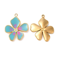 Dark Turquoise 304 Stainless Steel Enamel Pendants, with Rhinestones, Real 18K Gold Plated, Flower Charm, Dark Turquoise, 21.5x17x2.5mm, Hole: 1.5mm