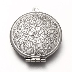 Stainless Steel Color 316 Stainless Steel Locket Pendants, Photo Frame Charms for Necklaces, Flat Round with Flower, Stainless Steel Color, 32x27x6.5mm, Hole: 1.8mm, Inner Diameter: 18.5mm