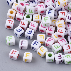 Letter F White Opaque Acrylic Beads, Horizontal Hole, Cube with Mixed Color Letter, Letter.F, 5x5x5mm, Hole: 2mm, about 5000pcs/500g