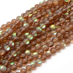 Coffee Synthetic Moonstone Beads Strands, Holographic Beads, Half AB Color Plated, Frosted, Round, Coffee, 8mm, Hole: 1mm, about 46pcs/strand, 15 inch