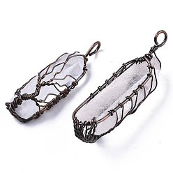 Quartz Crystal Natural Quartz Crystal Wire Wrapped Pendants, Rock Crystal, with Brass Wires, prismatic with Tree of Life, Red Copper, 48~62x14~17x13~18mm, Hole: 4x5~6mm