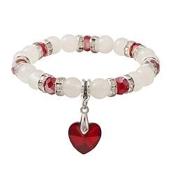 Red Natural Quartz Crystal & Glass Beaded Stretch Bracelet with Heart Charms for Valentine's Day, Red, Inner Diameter: 2-1/8 inch(5.45cm)