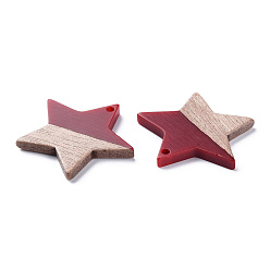 FireBrick Opaque Resin & Walnut Wood Pendants, Two Tone, Star, FireBrick, 26x28.5x3mm, Hole: 1.8mm
