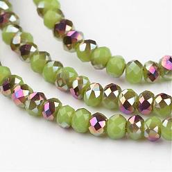 Lime Electroplate Glass Bead Strands, Half Plated, Faceted, Rondelle, Lime, 3x2mm, Hole: 1mm, about 165~169pcs/strand, 15~16 inch(38~40cm)