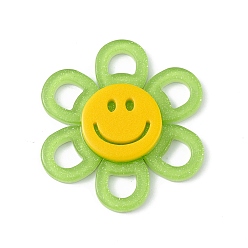 Lawn Green Acrylic Cabochons, with Glitter Powder, Flower with Smiling Face, Lawn Green, 37x4.5mm