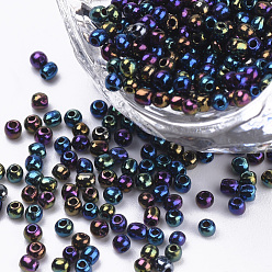 Medium Blue Plated Glass Seed Beads, Round, Medium Blue, 1.5~2x1mm, Hole: 0.6mm, about 120000pcs/bag, about 450g/bag