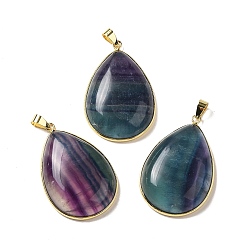 Golden Natural Fluorite Pendants, Teardrop Charms, with Brass Findings, Lead Free & Cadmium Free, Golden, 40x26x8.5mm, Hole: 6mm