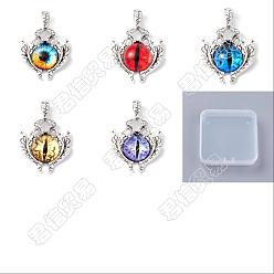 Mixed Color 10Pcs 5 Colors Glass Pendants, with Antique Silver Plated Alloy Findings, Evil Eye, Mixed Color, 42x29x8.5mm, Hole: 6x4mm, 2pcs/color