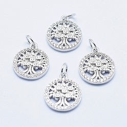 Real Platinum Plated Brass Micro Pave Cubic Zirconia Charms, Long-Lasting Plated, Lead Free & Nickel Free & Cadmium Free, Flat Round with Tree, Real Platinum Plated, 14.5x12x2.5mm, Hole: 3mm