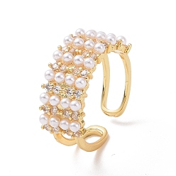Real 18K Gold Plated Clear Cubic Zirconia Rectangle Open Ring with Acrylic Pearl Beaded, Brass Jewelry for Women, Cadmium Free & Lead Free, Real 18K Gold Plated, US Size 7 1/4(17.5mm), 5mm