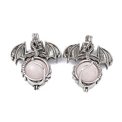 Rose Quartz Natural Rose Quartz Pendants, Dragon Charms, with Rack Plating Antique Silver Plated Brass Findings, Cadmium Free & Lead Free, 47x37x19mm, Hole: 4mm