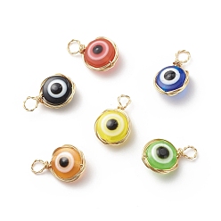 Mixed Color Evil Eye Resin Pendants, with Real 18K Gold Plated Friendly Copper Wire Wrapped, Flat Round Charm, Mixed Color, 18~19x11.5~12x6~6.5mm, Hole: 3~4mm