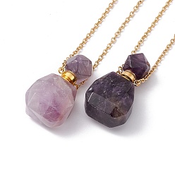 Amethyst Openable Faceted Natural Amethyst Perfume Bottle Pendant Necklaces for Women, 304 Stainless Steel Cable Chain Necklaces, Golden, 18.50 inch(47cm)
