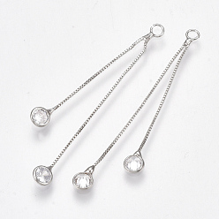 Real Platinum Plated Brass Cubic Zirconia Box Chain Tassel Pendants, Clear, Real Platinum Plated, 47~50x2mm, Hole: 2mm