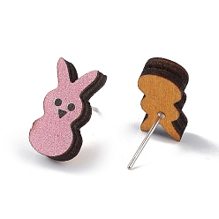 Rabbit Natual Wood Easter Stud Earrings, 316 Stainless Steel Jewelry for Women, Rabbit Pattern, 15x7mm, Pin: 0.6mm