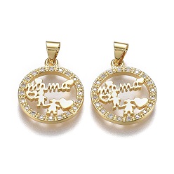 Real 18K Gold Plated Brass Micro Pave Clear Cubic Zirconia Pendants, with Snap on Bails, Long-Lasting Plated, for Mother's Day, Flat Round with Word Mama, Real 18K Gold Plated, 18.5x16x2mm, Hole: 5mm