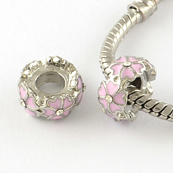Pearl Pink Enamel Flat Round with Flower Platinum Tone Alloy Large Hole Beads, with Rhinestone, Pearl Pink, 12x6mm, Hole: 5mm