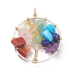 Mixed Stone Gemstone Copper Wire Wrapped Chips Pendants, Synthetic Howlite, Natural Red Jasper & Aventurine & Lapis Lazuli & Rose Quartz & Amethyst & Citrine, Golden, Flat Round with Tree, 36x31x10mm, Hole: 3mm