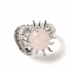 Cuarzo Rosa Anillos de puño abiertos de sol y luna de cuarzo rosa natural, joyas de latón platino para mujer, sin plomo y el cadmio, diámetro interior: 17~18 mm