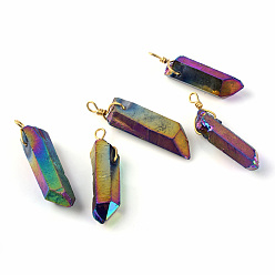 Mixed Color Electroplate Natural Crystal Pendants, Point Pendants, with Findings, Golden, Mixed Color, 40~47x8~12x8~12mm, Hole: 2.5mm