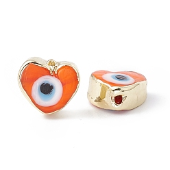 Orange Handmade Evil Eye Lampwork Beads, with Brass Findings, Lead Free & Cadmium Free, Long-Lasting Plated, Heart, Orange, 11~11.5x12~12.5x5.5~6mm, Hole: 1.5mm