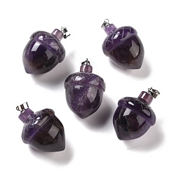 Amethyst Natural Amethyst Pendants, with Rack Plating Brass Findings, Cadmium Free & Lead Free, Real Platinum Plated, Acorns, 29x20~21mm, Clasp: 5x4mm