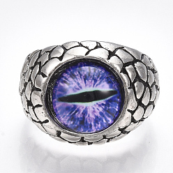 Blue Violet Alloy Glass Cuff Finger Rings, Wide Band Rings, Dragon Eye, Antique Silver, Blue Violet, Size 9, 19mm